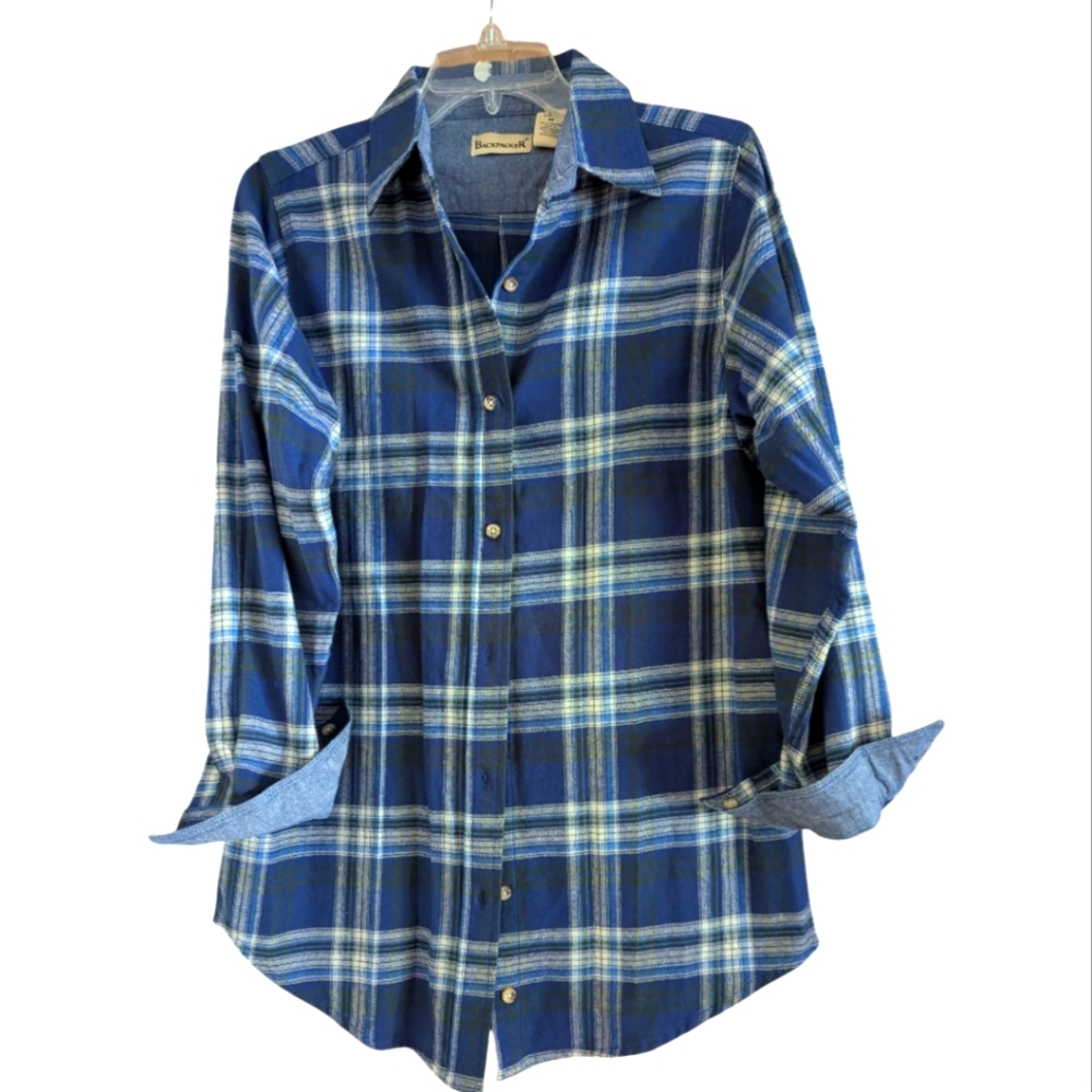 Backpacker Vintage Women's Size M Blue Plaid Button Down Flannel